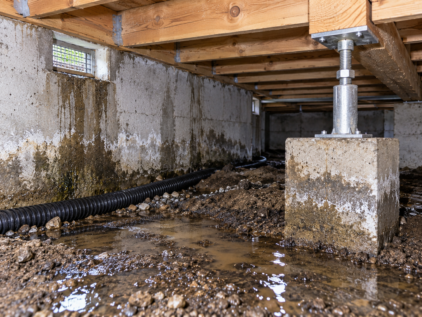 Moisture staining and damp conditions along a crawlspace foundation wall