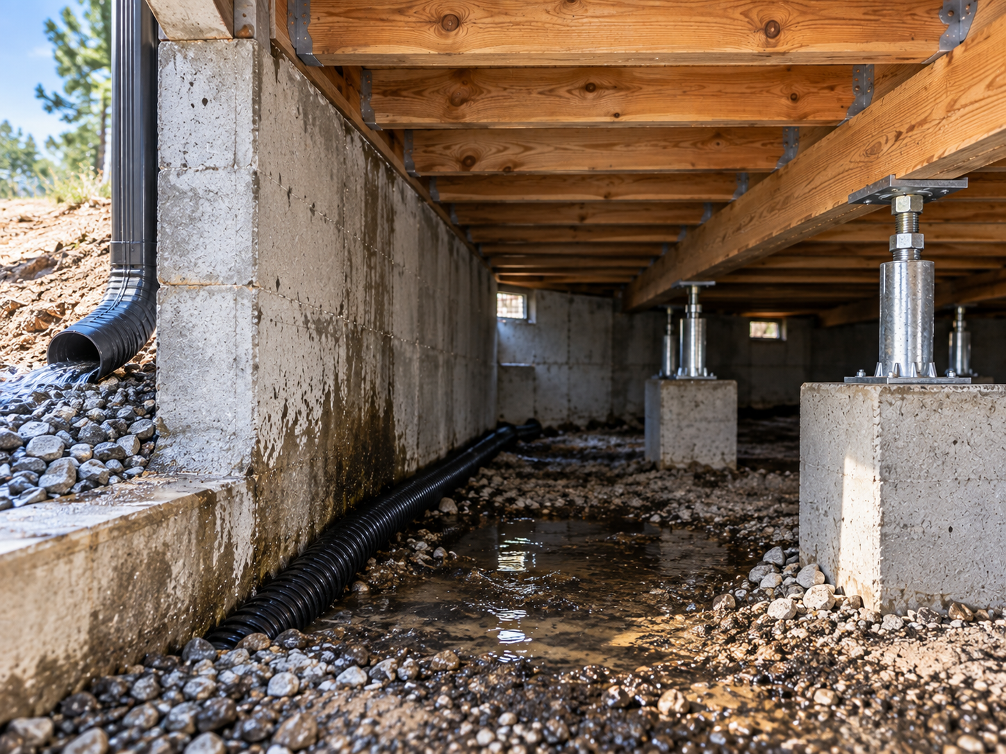 Crawlspace foundation with concrete piers and wood framing