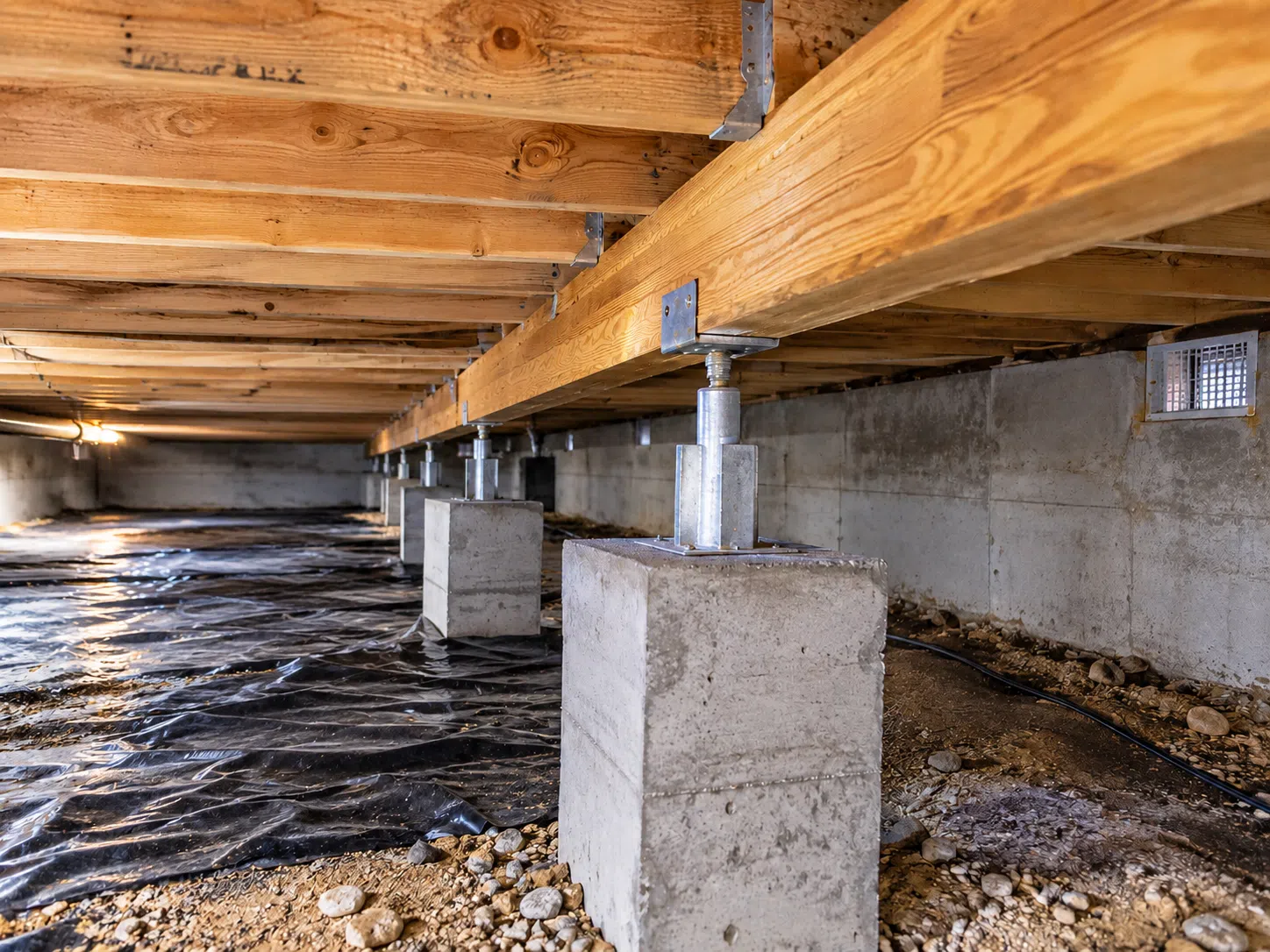 Crawlspace foundation with concrete piers and wood floor framing
