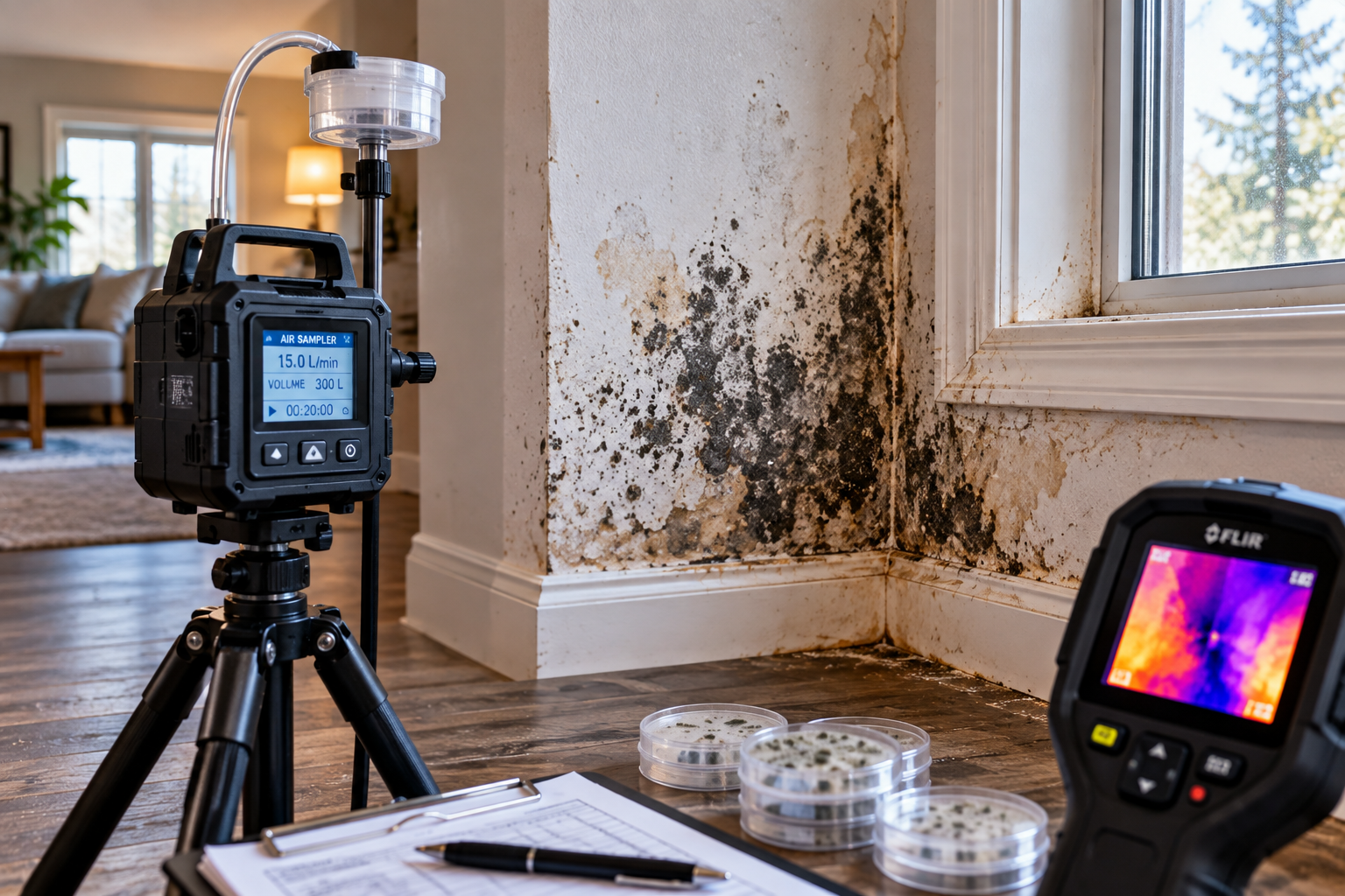 Indoor air quality equipment documenting visible mold growth