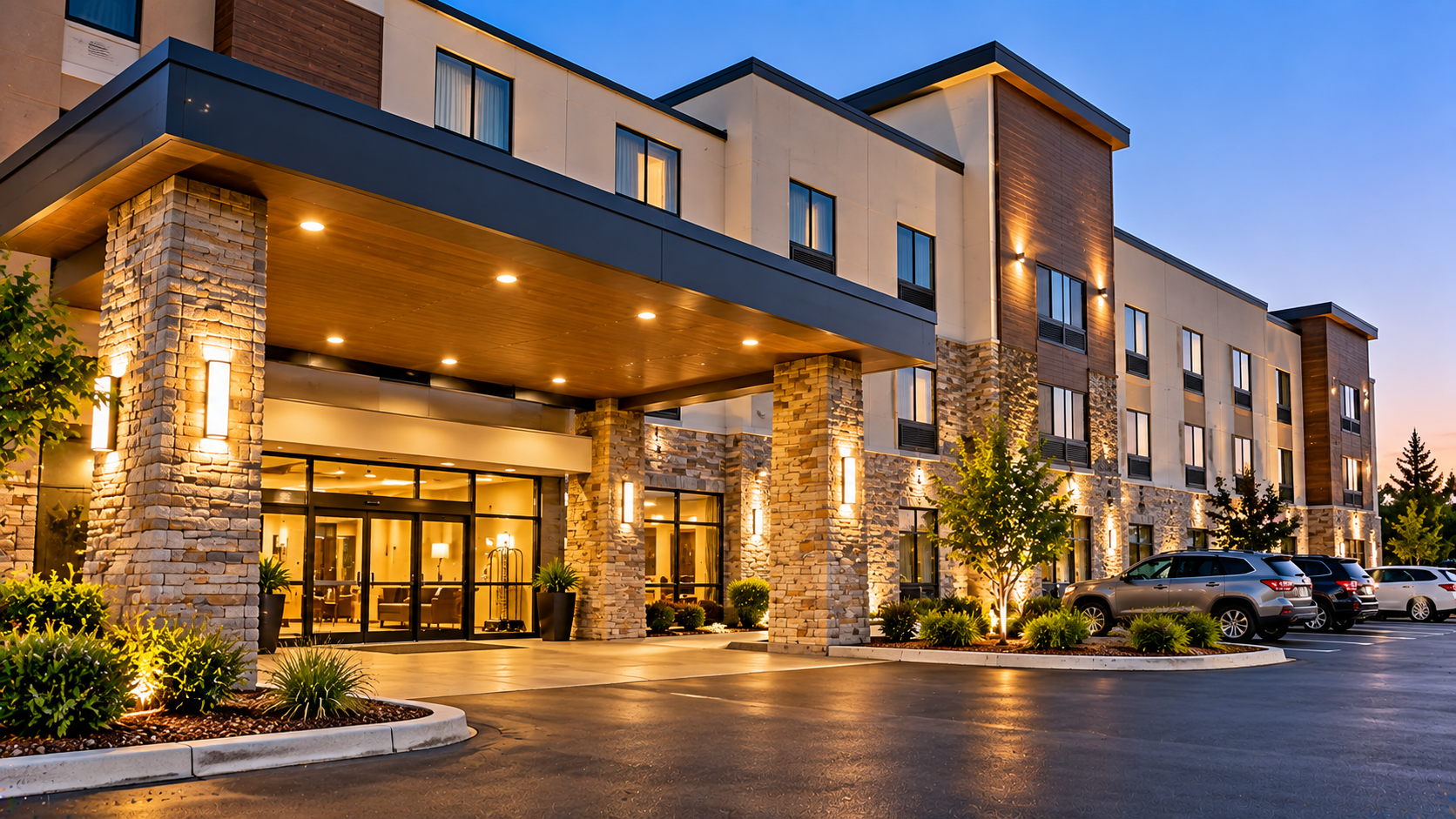 Hotel exterior and main entrance at dusk