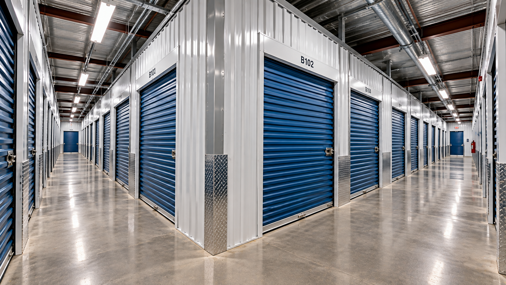 Indoor self-storage corridor with roll-up doors
