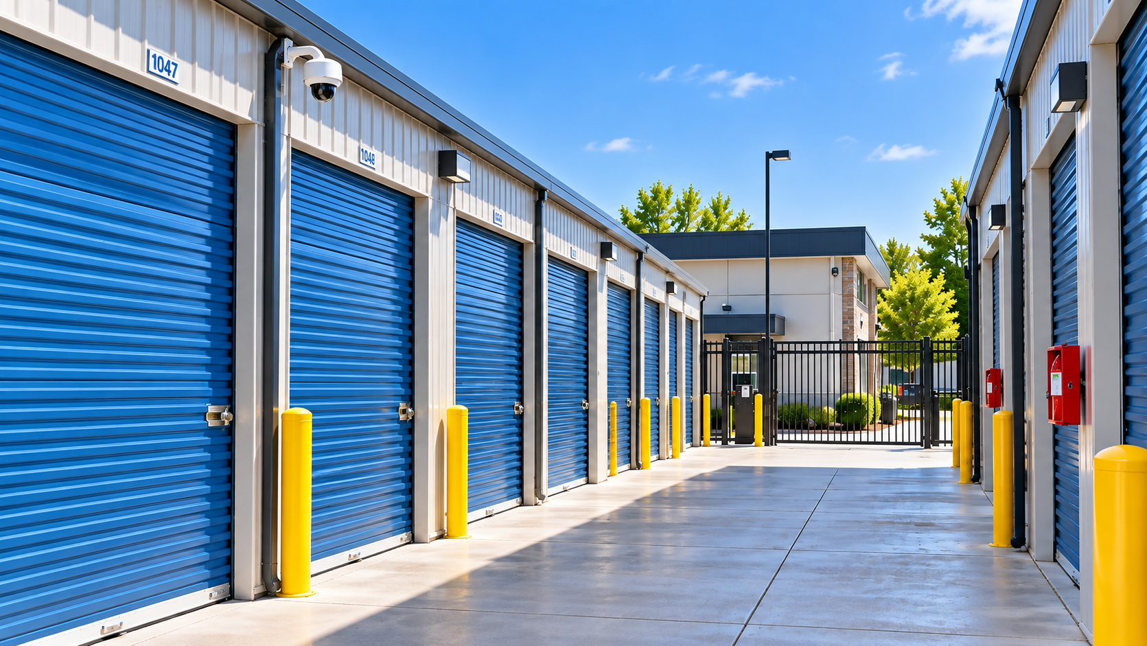 Outdoor self-storage facility with roll-up unit doors
