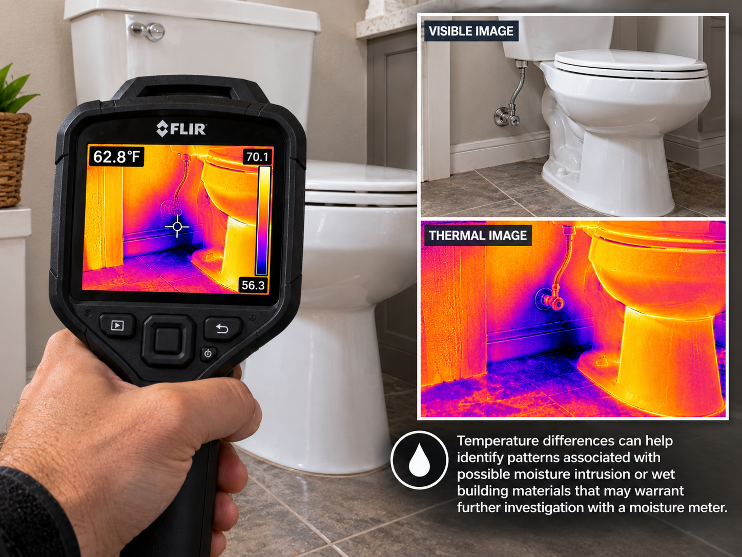 Thermal imaging camera scanning a toilet with infrared comparison image