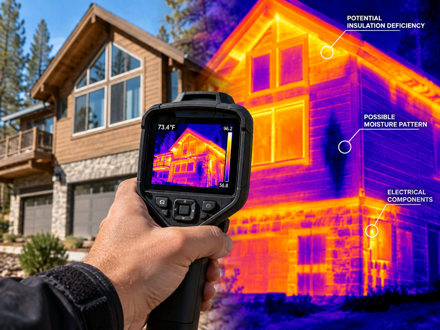 Thermal imaging camera scanning the exterior of a mountain home