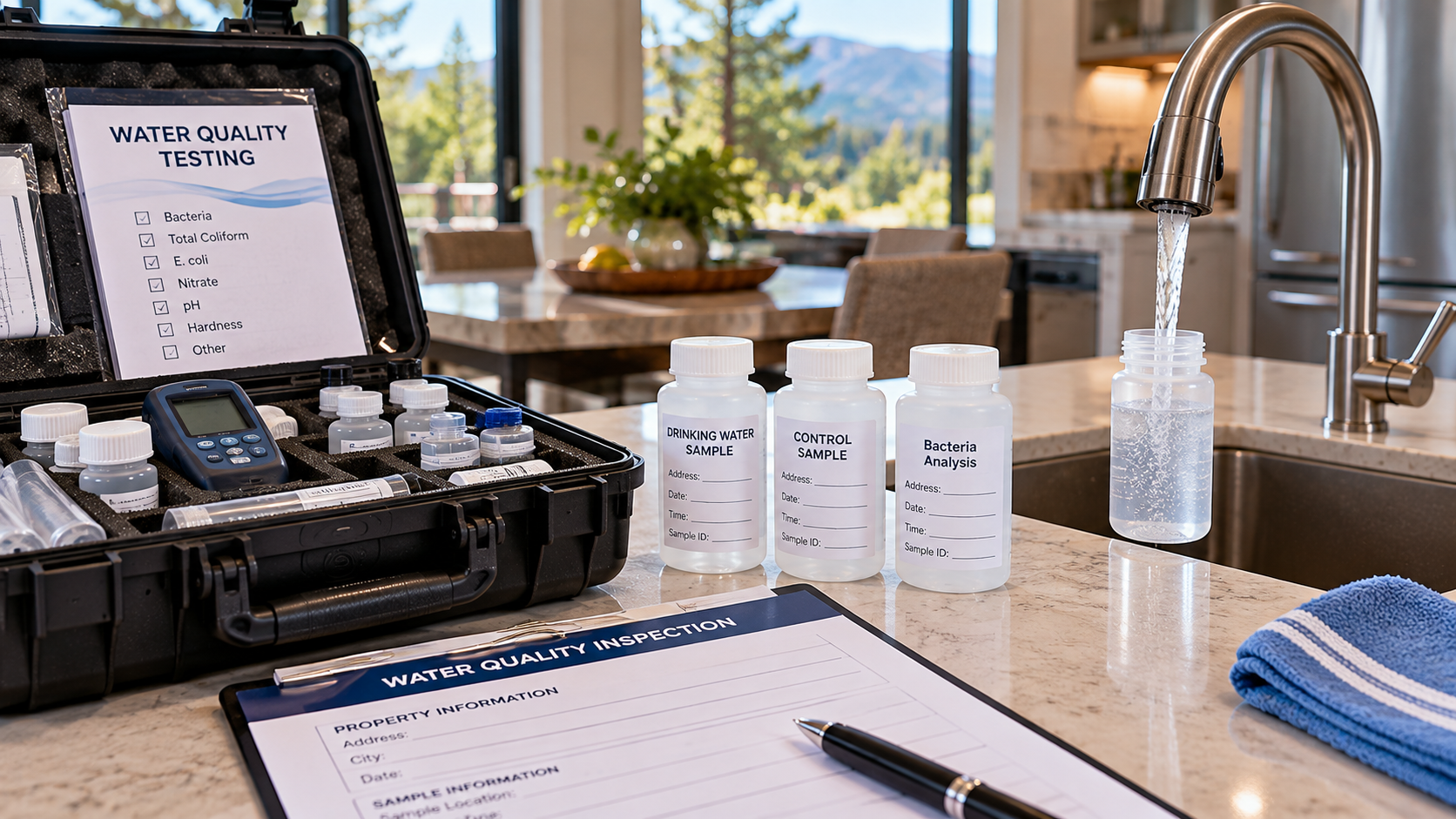 Well water testing kit with sample bottles and paperwork